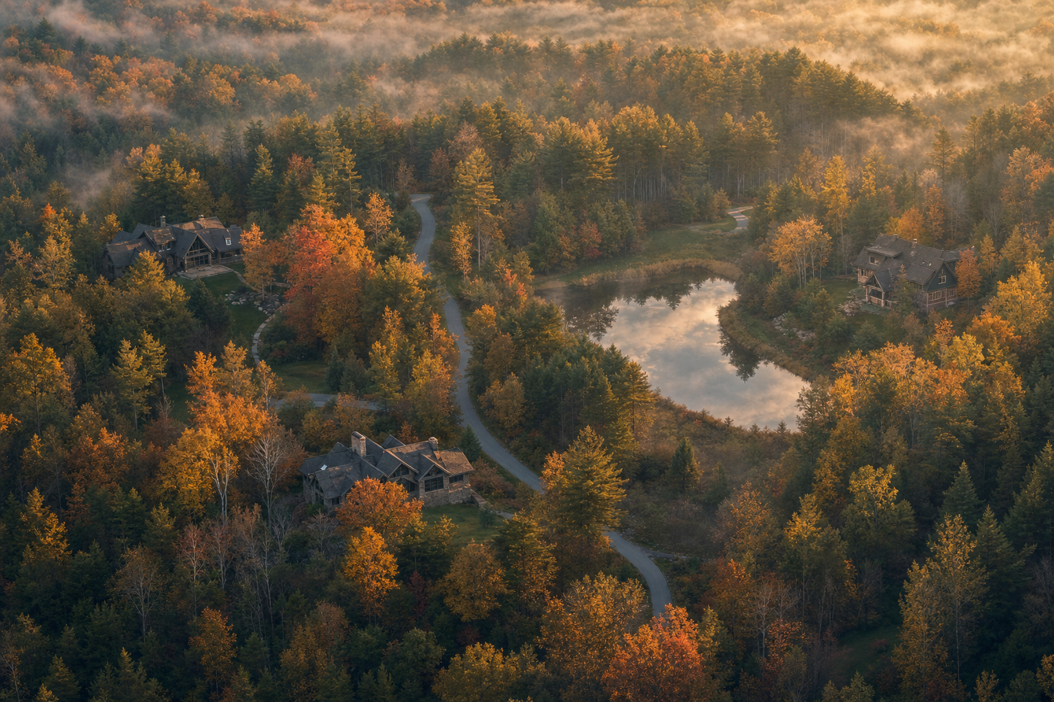 An autumn aerial view of homes nestled into a Northern Michigan forest with a winding road and small pond