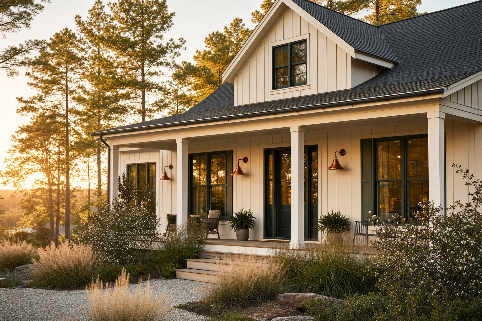 A modern craftsman farmhouse with copper sconces, board-and-batten siding, and native landscaping