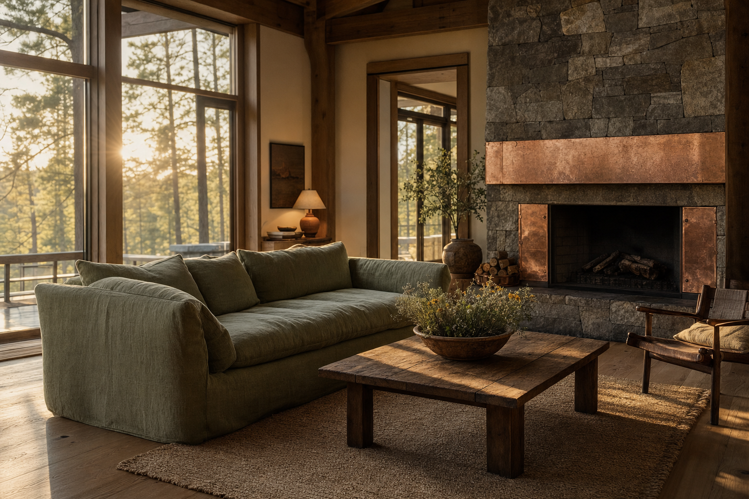 A craftsman great room with sage linen sofa, copper-trimmed stone fireplace and golden hour light