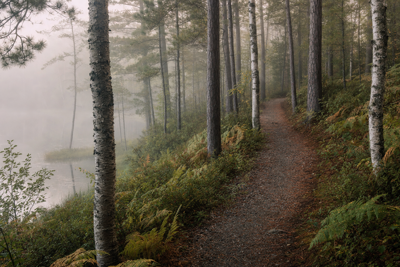 A misty gravel trail winding through white pines and birch trees beside a small pond