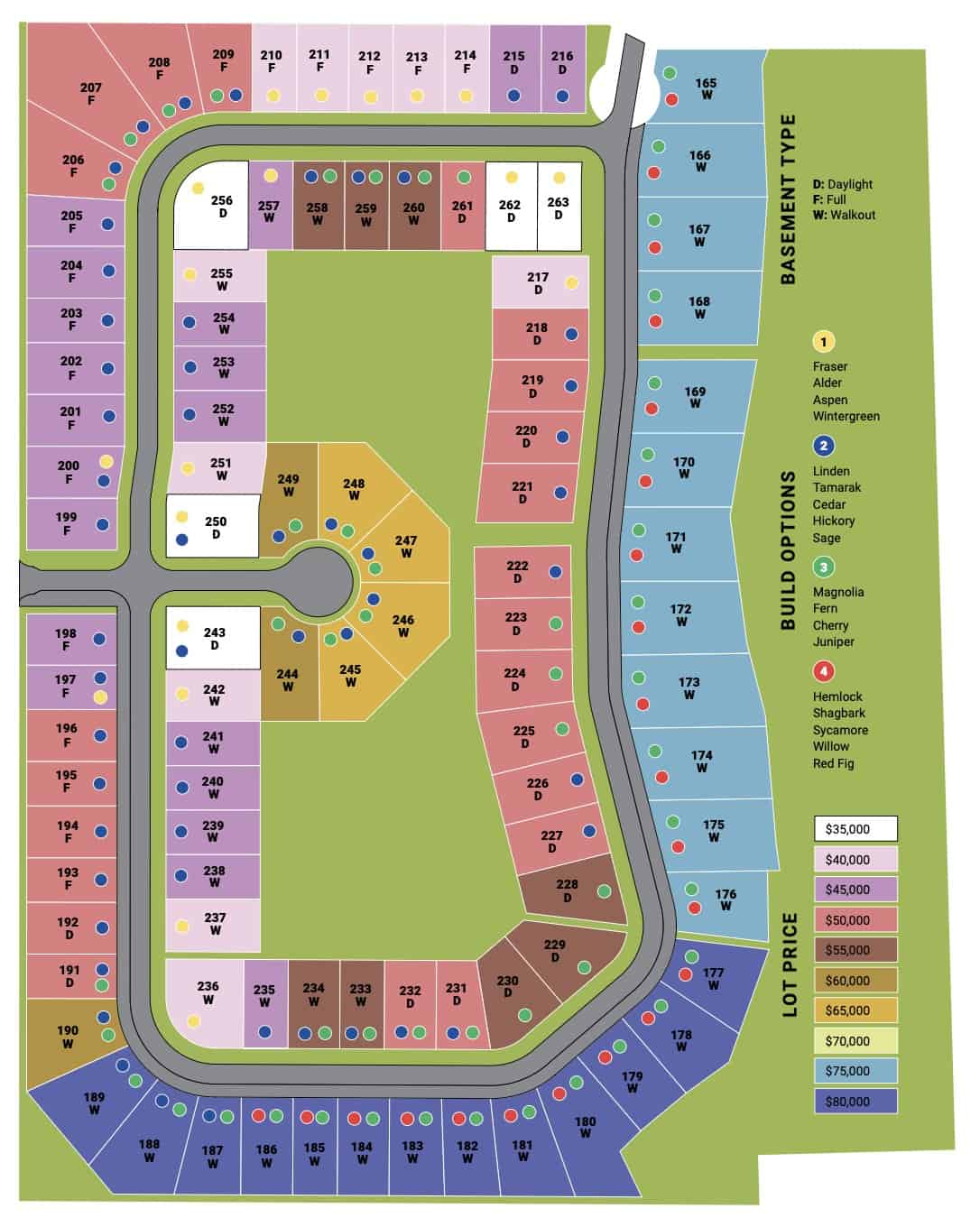 Phase 3 lot map showing available lots, basement types, build options and lot pricing